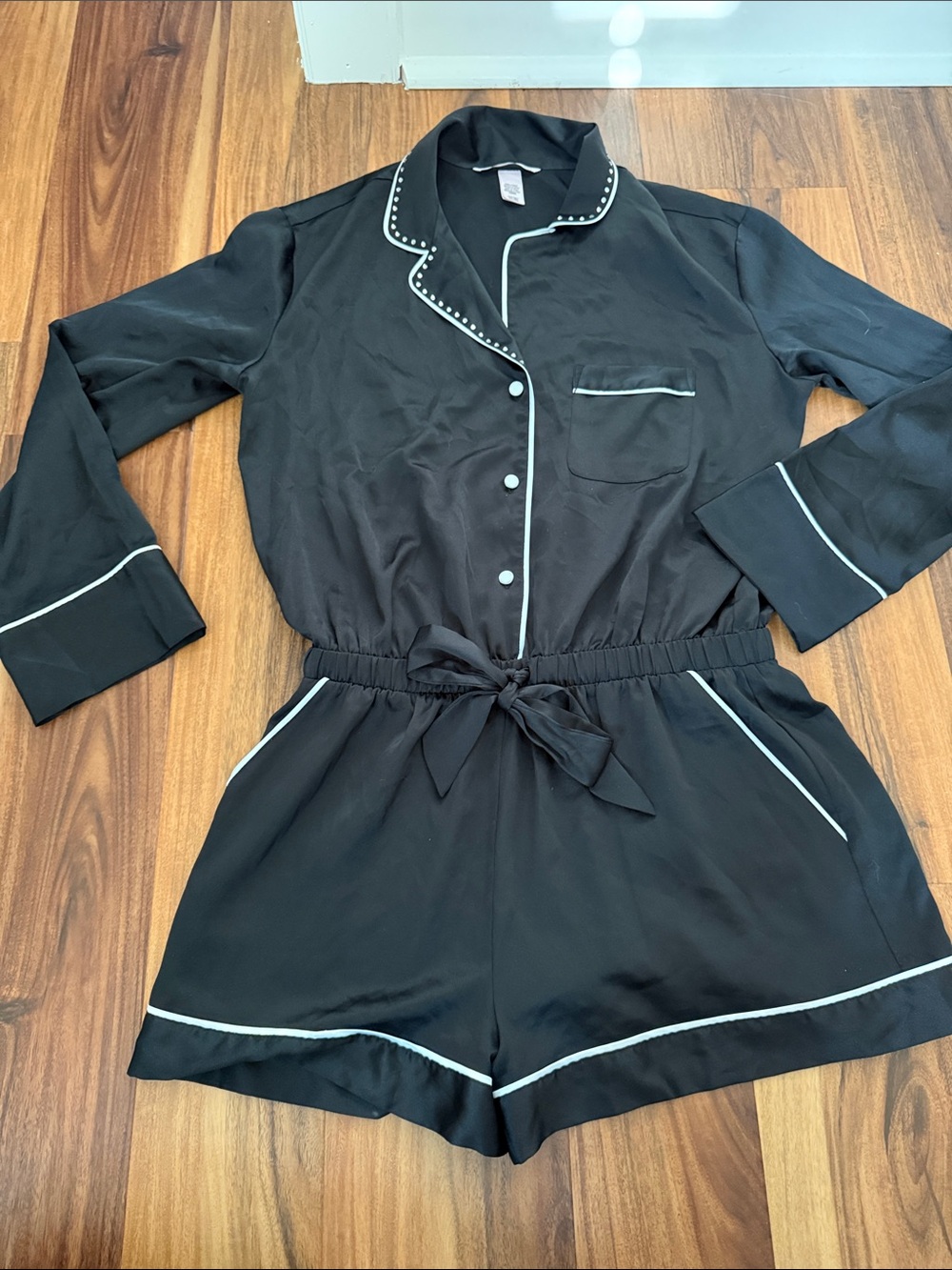 Victoria's Secret Black Satin Pajama Romper with White Piping
